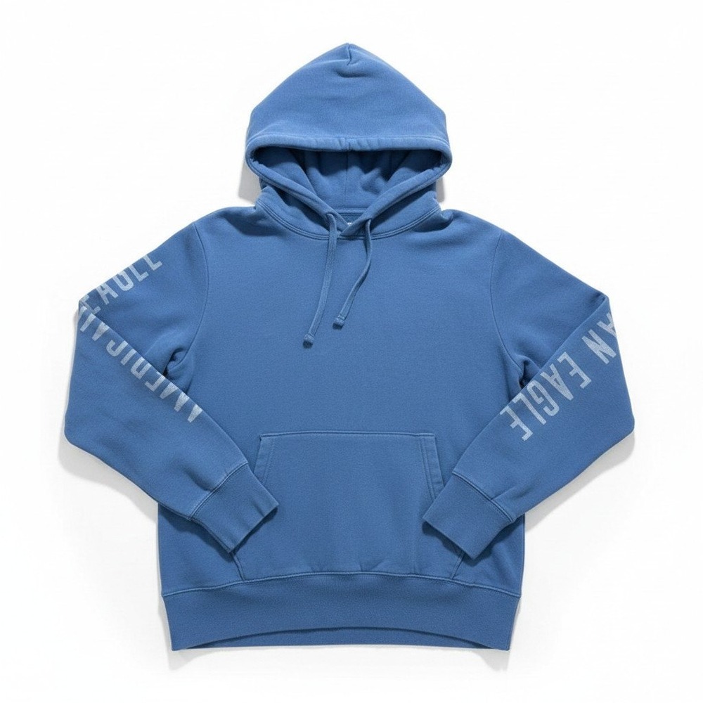 American Eagle Super Soft Blue Graphic Sleeve Pullover Hoodie Mens M Casual